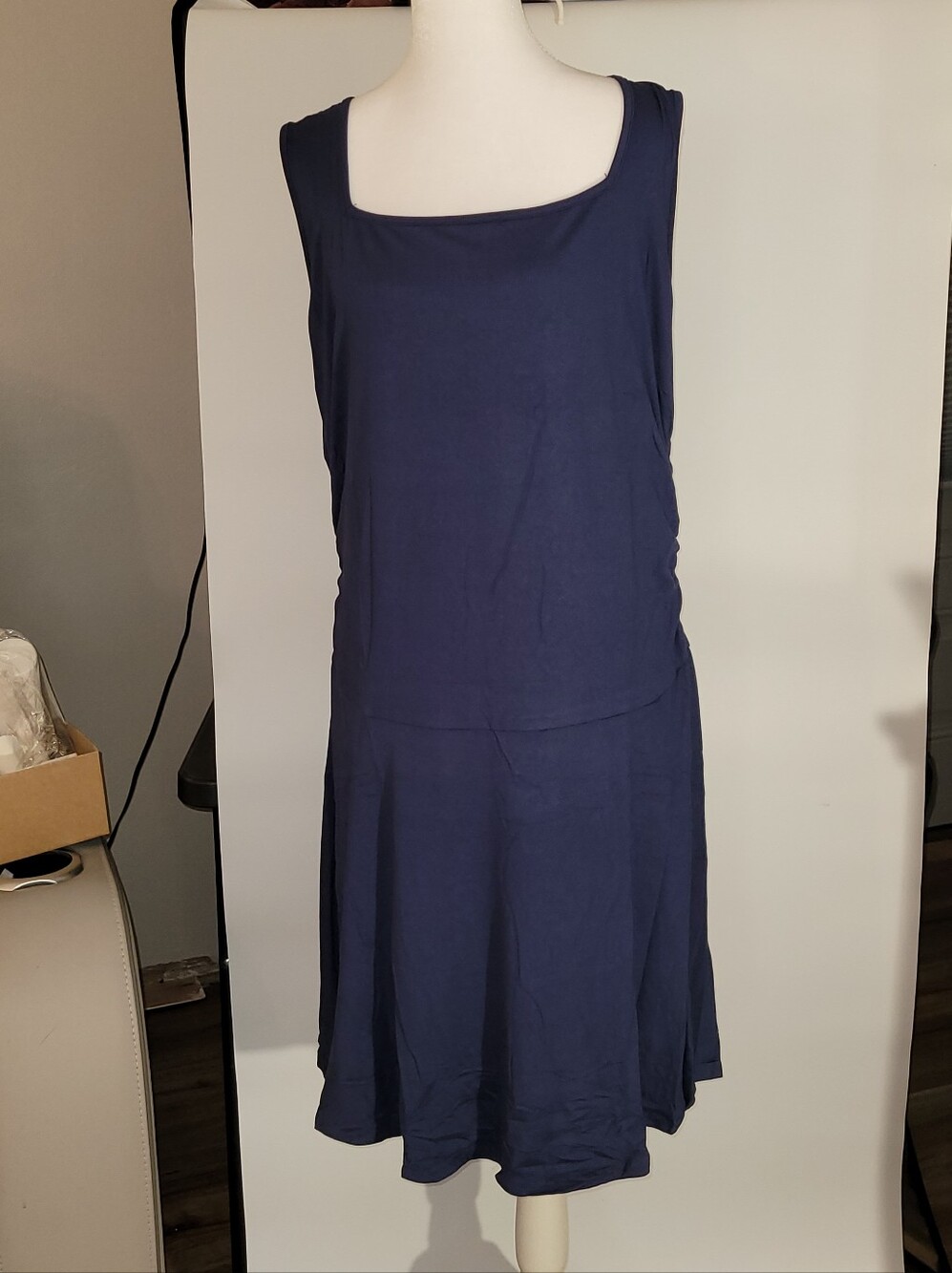 Women's Navy Sleeveless Midi Dress with Square Neck